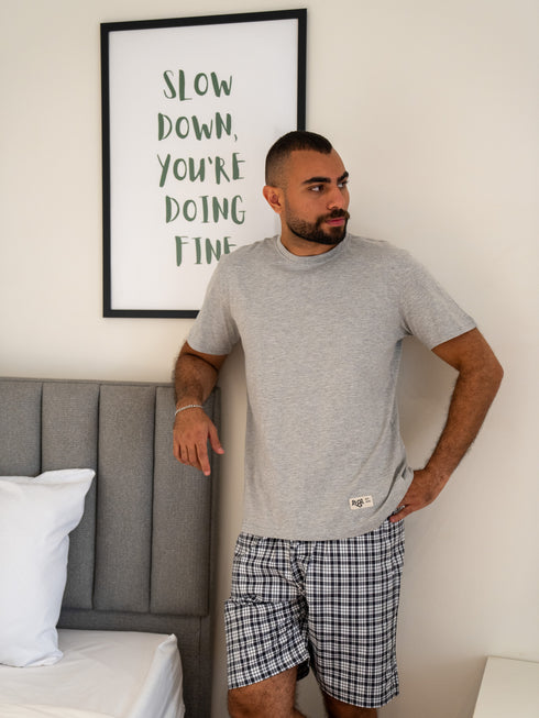 Men summer pajama set Light Grey T-shirt + Black X White Checkered Short